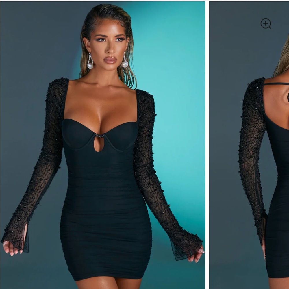 Oh Polly Black Long Sleeve Dress with beaded Detail